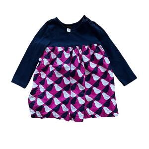 Tea Collection Bird Print Long Sleeve Dress Navy Magenta | 2T